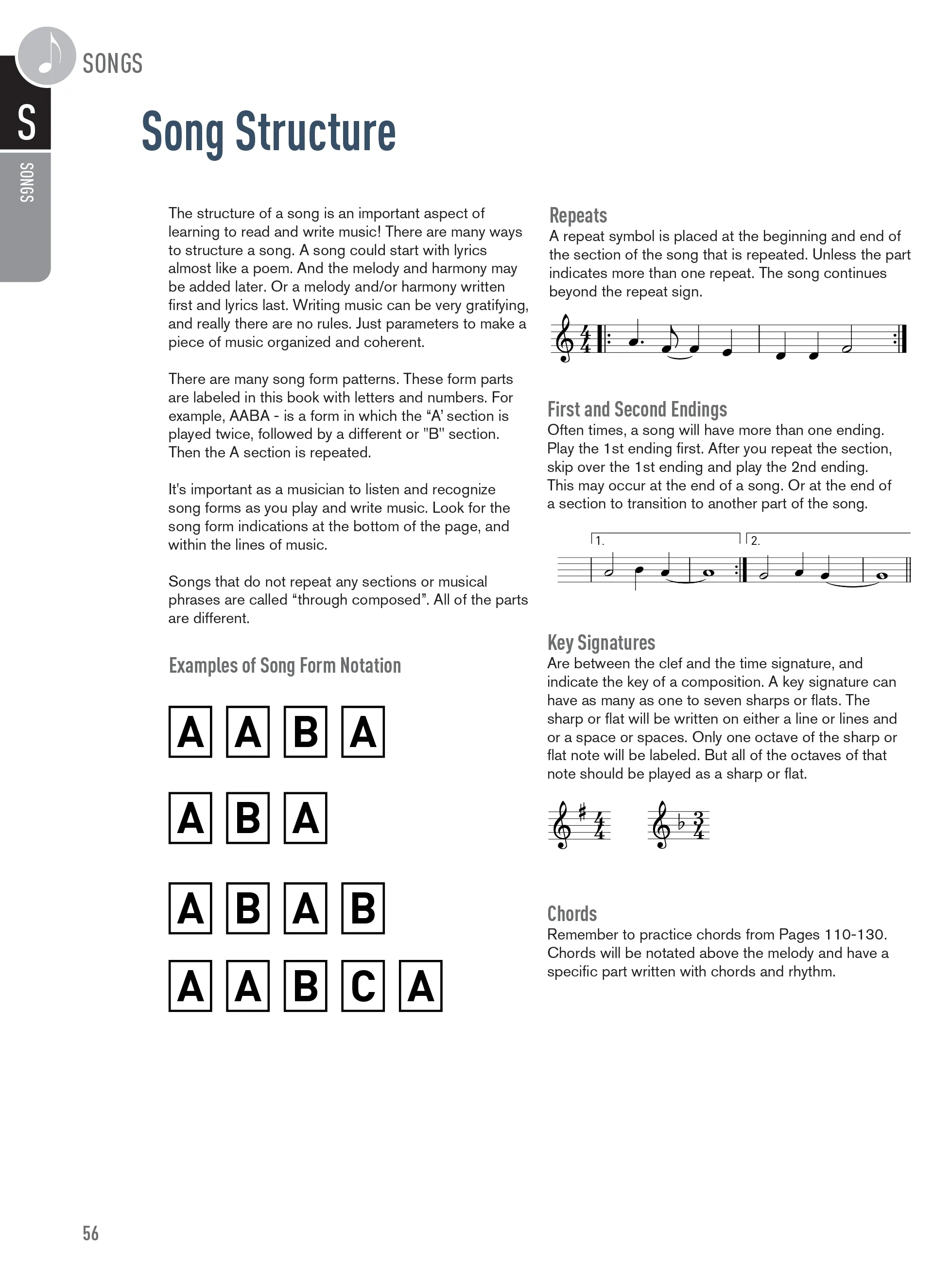 A sample page from the Hands-On 6 book explaining song structure in standard notation